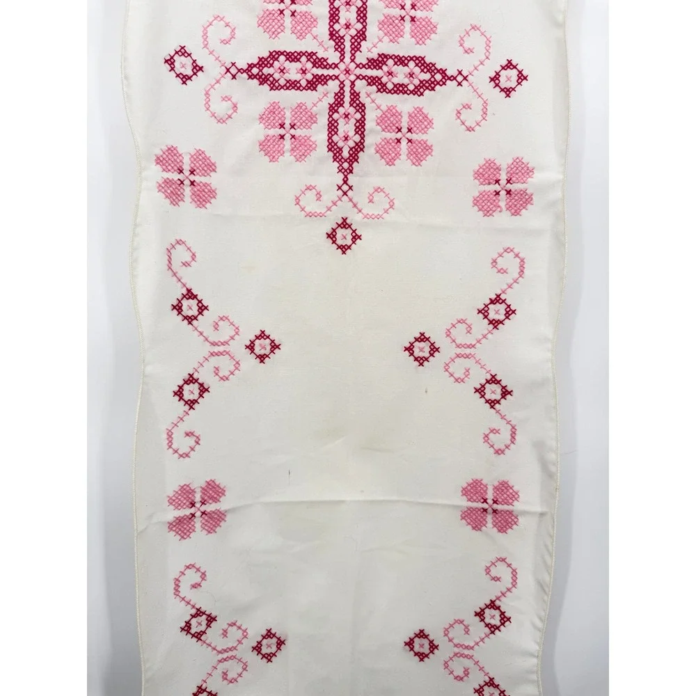 Vintage Embroidered Table Runner Dresser Scarf Cross Stitch Floral 40x14